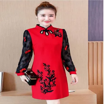 2018 Jar a na Jeseň Nové Voľné Dlho Vyšívané Dlhý Rukáv kórejský Módne Veľké Veľkosti Ženy Šaty D141