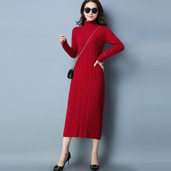 2018 jar jeseň ženy, pletené šaty Turtleneck Elastické dlhé zimné vlna pletené šaty na Voľný čas ženy sveter Spodnej šaty TW005