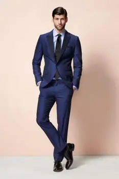 2018 Kostým Momme Groomsmen Tuxedos Najlepší Muž Obleky Pánske Obleky Módne pánske Modré Formálne Obleky, Svadobné Prom (Bunda+Nohavice+Kravatu)