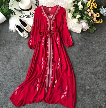 2019 nové módne dámske Šaty vyšívané červená veľkosť tenké šaty