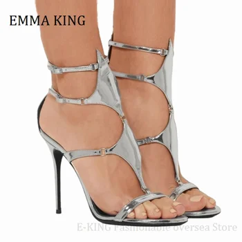 2021 Lete Ženy Členok Popruh Sandále Sexy Otvorené Prst Zrkadlo Kožené Bodce Päty Gladiator Sandále Dámske Svadobné Hostiny Topánky