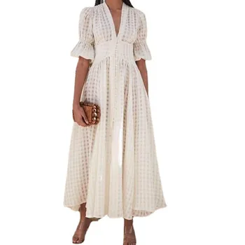 2021 Ženy Lete Nové Vysoký Pás Biely Maxi Šaty Módneho V Krku Krátky Rukáv Kockované Šaty Elegantné Slim Party Šaty, Oblečenie Pre Voľný Čas