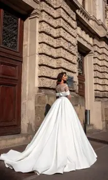 2021New Nádherný Saténový plesové Šaty, Svadobné Šaty Plus Veľkosť Vestido De Noiva Princesa Tlačidlá Hore Späť Perly Biele Plášte Mariage