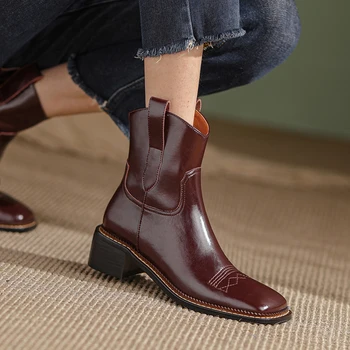 2022 New Horúce Predaj Jeseň Zima Chelsea Boots Ženy Originálne Kožené Topánky Štvorcové Prst Hrubé Päty Západnej Členková Obuv Ženy Topánky