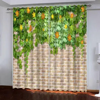 3D Záves Foto Vlastná Veľkosť Tehlovej steny s zelené listy Závesy Pre Spálne Závesy Pre Obývacia Izba Dekoratívny Záves