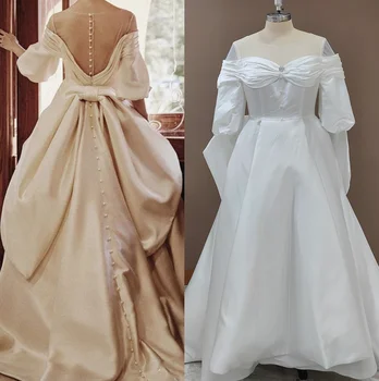 4291#Off-Ramenný Sweep Vlak Svadobné Šaty Elegantné O Krk Celý Rukáv Svadobné Šaty Plus Veľkosť Svadobné Šaty Svadobné Šaty Luk