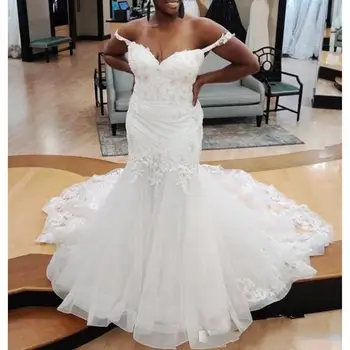 Africké Milú Morská víla Svadobné Šaty Čipky Appliques Sweep Vlak Svadobné Šaty Plus Veľkosť vestido de novia