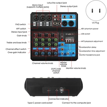 Audio Mixér,5 Kanálov USB Bluetooth Audio Mixer Zvuk Palube 48V Phantom Power MP3 Počítač Vstup Audio Mixer