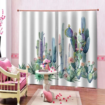 Biele Fotografie Opony Ručne Maľované Kaktus Deti Závesy Pre Obývacej Izby, Spálne, Moderná 3D Závesy Pre Hotel