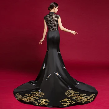 Black Morská Víla Čínsky Večerné Šaty Elegantná Výšivka Tradičné Svadobné Qipao Orientálna Obojky Ženy Party Šaty Cheongsam