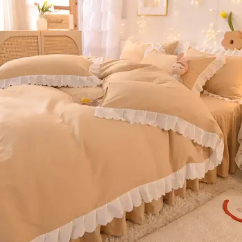 Dievča Srdce Posteľ Sukne Štyri-dielna posteľná bielizeň kórejský Princezná Štýl Hrubé Brúsenie Deka sa vzťahujú na Tri-dielna Sada Ropa De Cama Conjunto