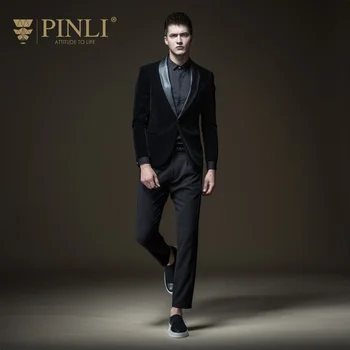Doprava zadarmo novej pánskej muž Pinli móda jeseň bežné PU kože, šitie slim oblek zamatové sako sako B183406486