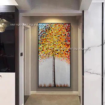 Handpainted Abstraktné Zlaté Šťastie Tree Oil Maľovanie Veľké Veľkosti Sivá Plátno Umenie Domov Stenu Decor Obrázok Pre Obývacia Izba