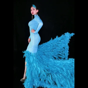 Jedinečný ablaze Morská modrá plný diamond perie šaty narodeninovú oslavu, spoločenské večerné šaty koncert loptu spevák costume
