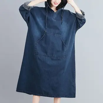 Jednofarebné Džínsové Šaty S Kapucňou Ženy Placket Loong Rukáv Voľné Módne Kórejský Rovné Šaty 2022 Jar Žena Džínsové Šaty