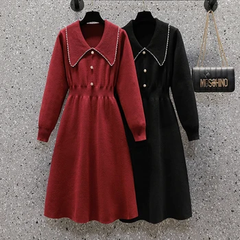 Jeseň Zima Červená Pletené Bavlny Hrubé Teplé Oblečenie Žien, Čierna Vintage Hepburn Šaty 2022 Elegantné Bodycon Bežné Plus Veľkosť Šaty