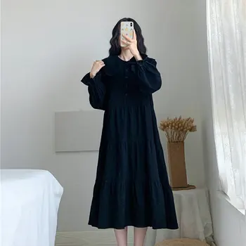 Kórejský Štýl Ženy Black Shirtdress Pater Pan Golier S Čipkou Hem Dizajn Petal Rukáv Elegantné Šaty 2022 Jar Nový Príchod