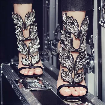 Letné Nové Módne Ženy, Otvorené Prst Dizajn Krídla Drahokamu Gladiator Sandále Crystal Zlatá Podiel Black Vysokým Podpätkom Sandále