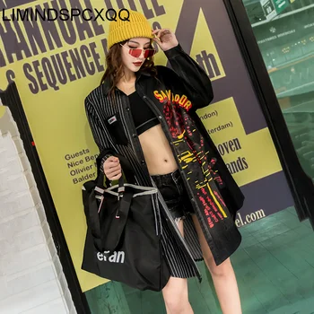 LIMINDSPCXQQ Jeseň 2021 Voľné Tlač Street Fashion Tričko Ženy Prekladané Denim Blúzky Žena Black Punk Topy Hip Hop Streetwear