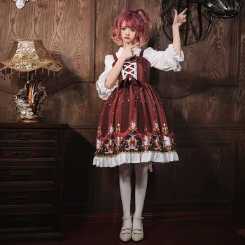 Lolita Pôvodné Japonské JSK Len Podväzkové Šaty Retro 3D Vytlačené Lolita Hepburn Kráľovský Dvor Šaty