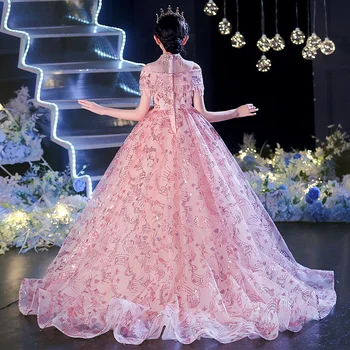 Luxusné Dievčatá Sprievod Šaty S Vlakom Elegantné O-Krku Ramena Korálkové Sequin Čipky Ružový Kvet Dievča Šaty Na Svadbu
