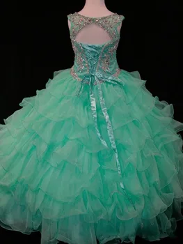 Luxusné Večerné Šaty Princezná Lopatka Krku Crystal Obrúb Drahokamu Mint Zelenej Deti Sprievod Šaty pre Dievčatá