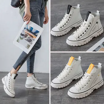 Nové 2019 jeseň trend topánky dámske kožené študenti voľný čas prílivu mať horúce písmená vysoké topánky hrubé biele topánky ženy vulcanize
