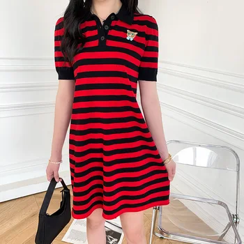 Pletené Dizajn Červeno Čierne Pruhované A-Line Mini Šaty Mačka Výšivky Bežné Úplne Nové Bavlnené Polo Bežné Šaty Letné Oblečenie