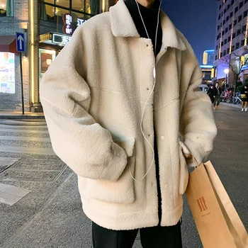 Pánske Oblečenie Farbou Baránok Vlna Bunda Harajuku Zahustiť Teplé Voľné Muž Bežné Parkas Módnej Značky 2022 Zimné Kabáty