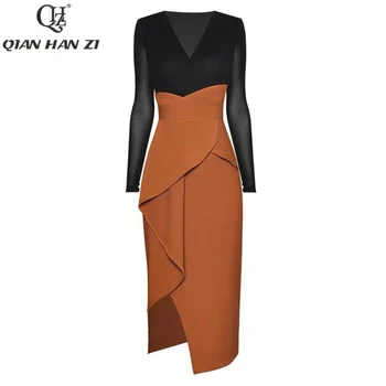 Qian Han Zi módny návrhár dráhy šaty s Dlhým rukávom vintage Čierna šitie orange Slim Vysoká rozdeliť bodycon šaty Žien tvaru