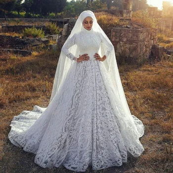 Riadok Moslimských Svadobné Šaty Čipky Dlhý Rukáv Retro Svadobné Šaty so Závojom Sweep Vlak vestido de novia