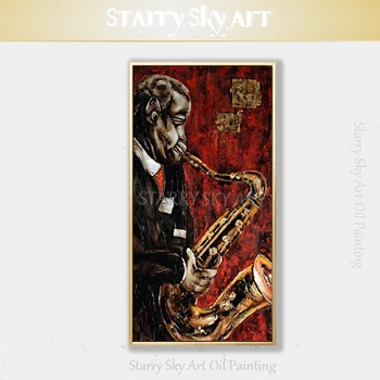 Ručne maľované Vysoko Kvalitný Špeciálny Portrét Black Človek Hrá Saxofón Obrazy Ručne maľované Black Hudobník Obrázok olejomaľba