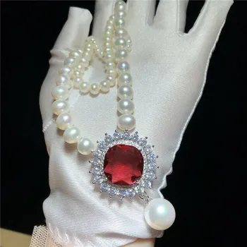 Ručne viazané prírodné viacvrstvových biela sladkovodné perly, červená zirkón micro vložkou zirkón príslušenstvo náhrdelník módne šperky