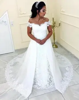 Sexy Vintage Čipky Overskirts Biele Svadobné Šaty 2019 Mimo Ramenný Plus Veľkosť Biela Lacné Arabčina Africké Krajiny Svadobné Šaty