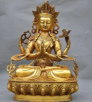 Tibete bronzové Pozlátené Budhizmus 4 Zbraní Chenrezigtara Kwan-Yin GuanYin sochu Budhu