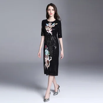 Vysoká Kvalita 2019 Letné dámske Šaty Nové Sequin Anjel Výšivky Black Temperament Slim Dlho Odseku One-step Dámske Šaty