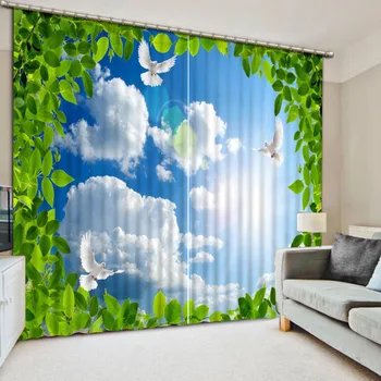 Zatmenie 3D Okna Záclony Obývacia Izba, Spálňa Opony Domáce Dekorácie Modrá Obloha, Biele Oblaky Tlač Deti Cortinas