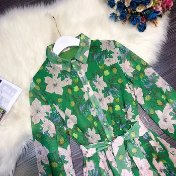 Zelené Jarné Kvetinové Šaty 2022 Módne Ženy Klope Štíhly Pás Skladaný Šifón Dlhý Rukáv Elegantné Šaty Vestidos Midi