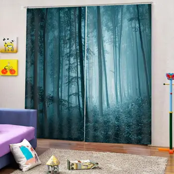 Zelený les závesy pre spálne 3D Okne Opony Hmlisté lesa Luxusné Zatmenie Obývacia Izba office
