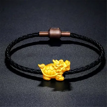 Čistý 24K 999 Žlté Zlato Náramok 3D Žehnaj Dragon Korytnačka Čierne Kožené Muži Ženy Náramok