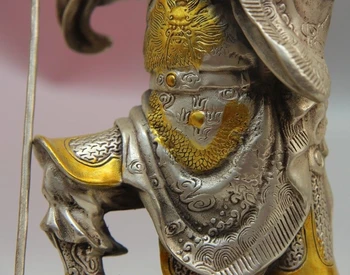 Čína Bielej Medi, Striebra Bojovník Gong Guan Yu Buddha Podržte Dragon Sword Socha 22 cm