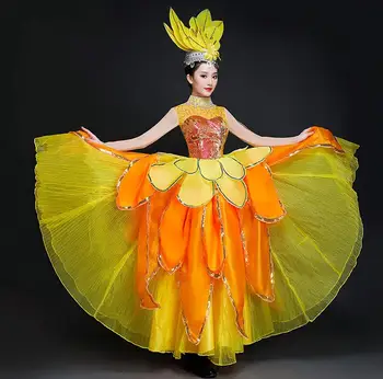 Čínsky nový dizajn Otvorenie Tanec ženské Šaty, Kostým fáze výkonu skupiny kostým s pokrývku hlavy a krídla jedinečné oblečenie
