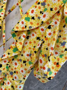 Šaty z Hodvábu Žltá Kvetinový 2021 Jar a v Lete Nové Lístkového Rukávy Sicília Luxus, Vysoká Kvalita
