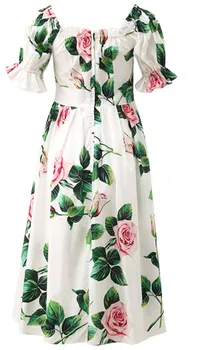 Ženy Bavlnené Šaty 2020 Jar Leto Dovolenku Víla Vintage Rose Tlač Lomka Krku Slim Stredná Dĺžka Bavlna Šaty Nové