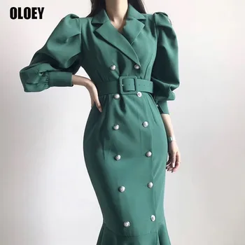 Ženy Z Jedného Kusu Kórejský Šaty 2021 Jeseň Zima Nové Módne Lístkového Rukáv Double-Breasted Slim Taška Hip Fishtail Šaty Maxi Šaty