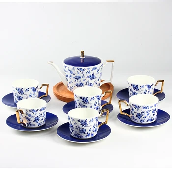 13 ks módne modrý kvet Kosti čína kávový set : 1 coffee pot 6 šálku kávy 6 kávy taniere čaj nastaviť darček pre domácnosť, dekorácie
