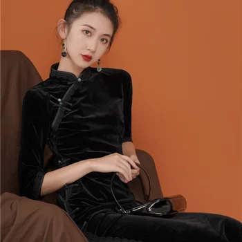 2022 Jar Vintage Black Velvet Tenký Dlhý Rukáv Retro Šaty Pre Ženy Čínsky Štýl, Elegantné Cheongsam Velvet Dlhé Šaty