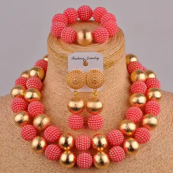 Coral pink zmrzlinový farebné afriky korálky šperky nastavenie simulovanej pearl kostým náhrdelník nigérijský tradičné svadobné nastaviť FZZ73