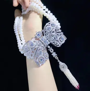 Luxusné prírodné perly žiarivý zirkón luk náhrdelník prívesok pre ženy darček k narodeninám zapojenie strana šperky