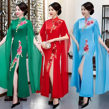 Novinka Ženy, Nový Čínsky Štýl Mandarin Golier Dlho Vidlica Qipao Svadobný Večierok Šaty Elegantná Výšivka Cheongsam